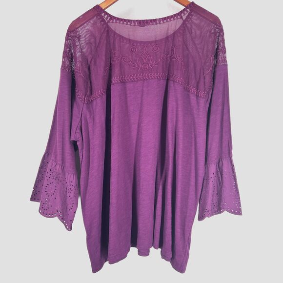 Purple Boho Knit Top Plus Size 3X Eyelet Sleeve Embroidered by Sonoma - Picture 5 of 9